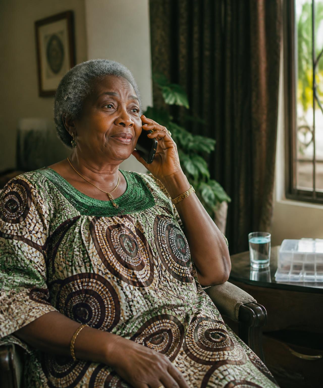 An older Nigerian parent receiving a care call
